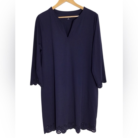 Lands End Navy Blue Laser Cut Trim Shift Dress Stretch Women’s Size Large - Picture 1 of 7